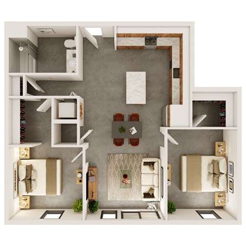 Floor plan for 2 beds, 1 bath, 950 sqft